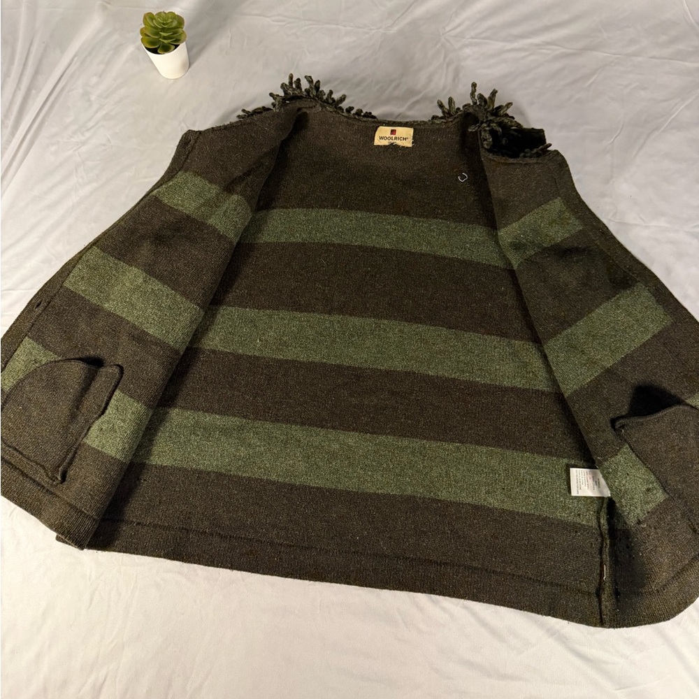 Woolrich 100% Lambs Wool Green Stripe Fringe Collar Button Up Vest - XXL - Picture 3 of 8